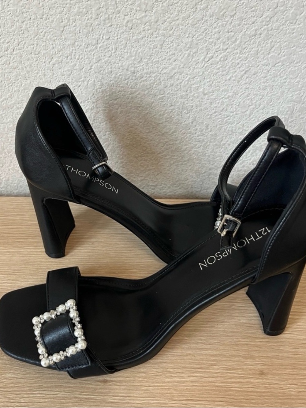Thompson Black Pearl-Embellished Ankle-Strap Heels